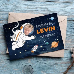 Personalisierte Einladungskarte zum Kindergeburtstag mit Foto und Weltraum-Motiv