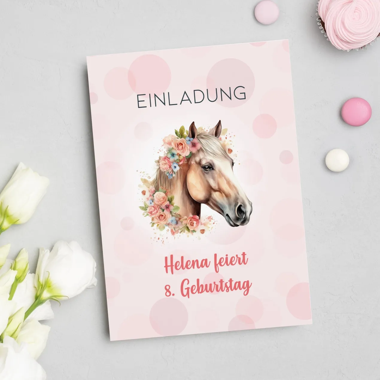 Personalisierte Einladungskarte zum Kindergeburtstag | Pferdemotiv mit Blumen