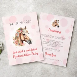 Personalisierte Einladungskarte zum Kindergeburtstag | Pferdemotiv mit Blumen