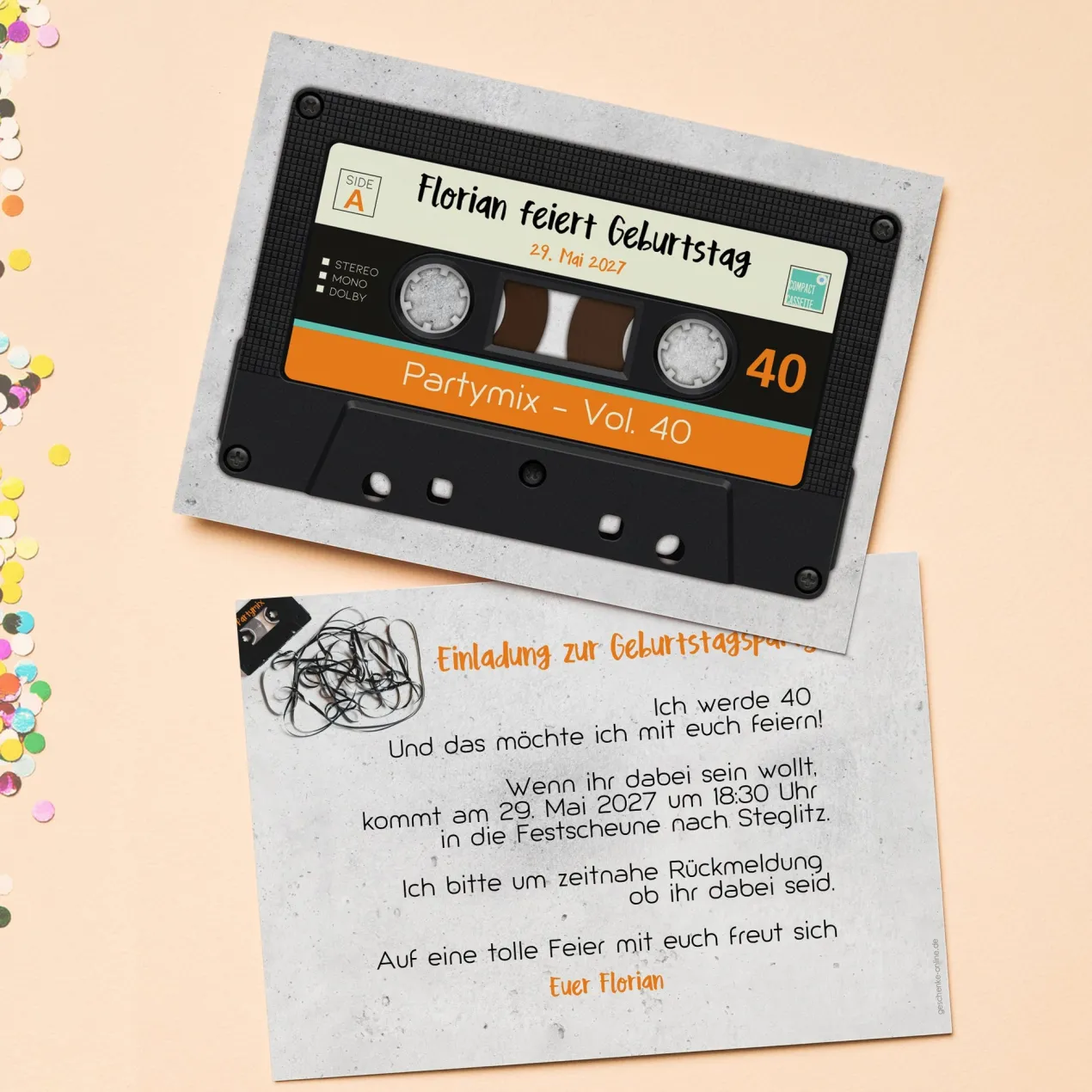 Personalisierte Einladungskarte zum Geburtstag mit Retro Kassette | Partyeinladung mit Wunschtext