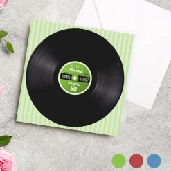 Personalisierte Einladungskarte zum Geburtstag mit Schallplatten-Motiv, Wunschtext, Foto & Farbauswahl
