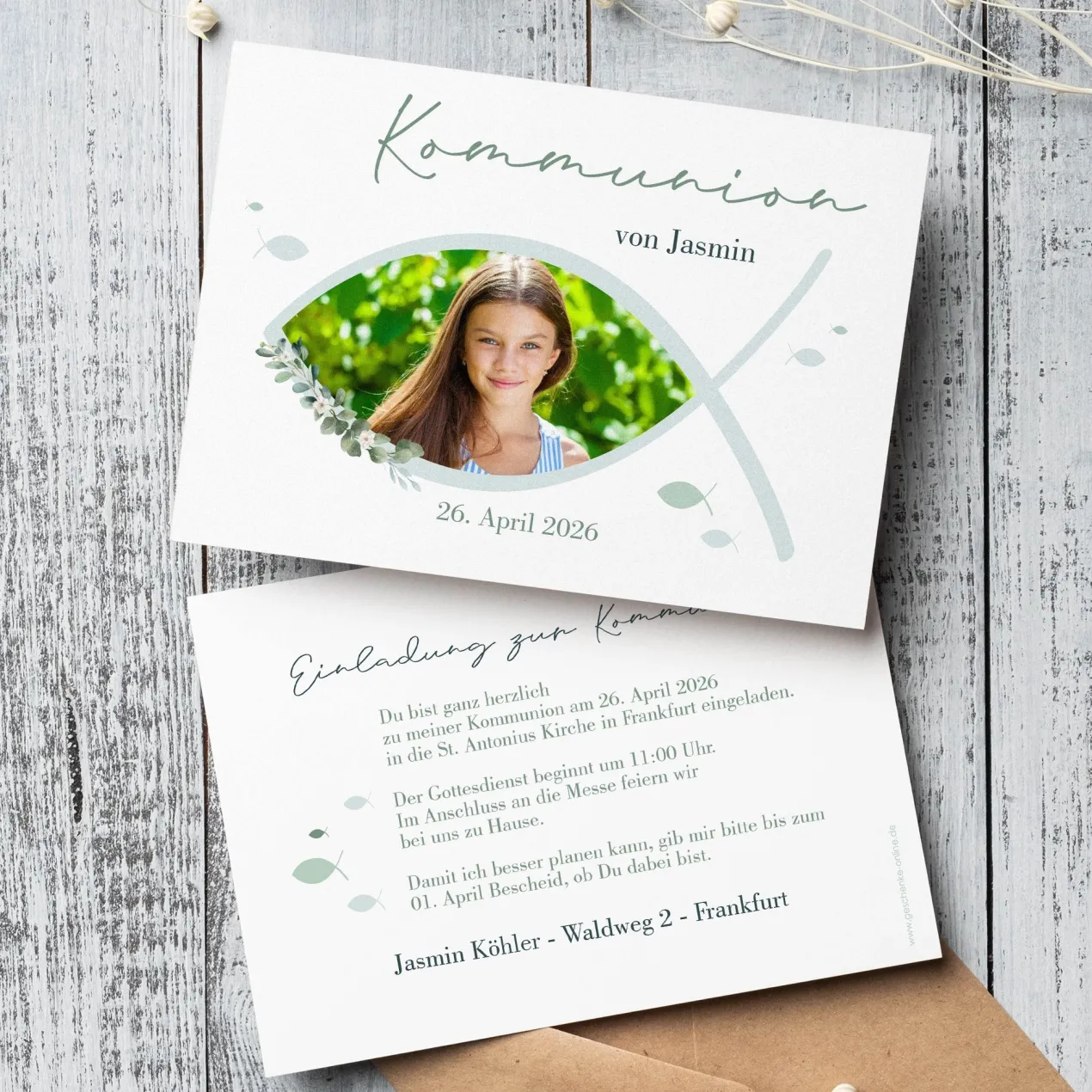 Personalisierte Einladungskarte zur Konfirmation, Kommunion, Taufe mit Foto | Ichthys & Zweig
