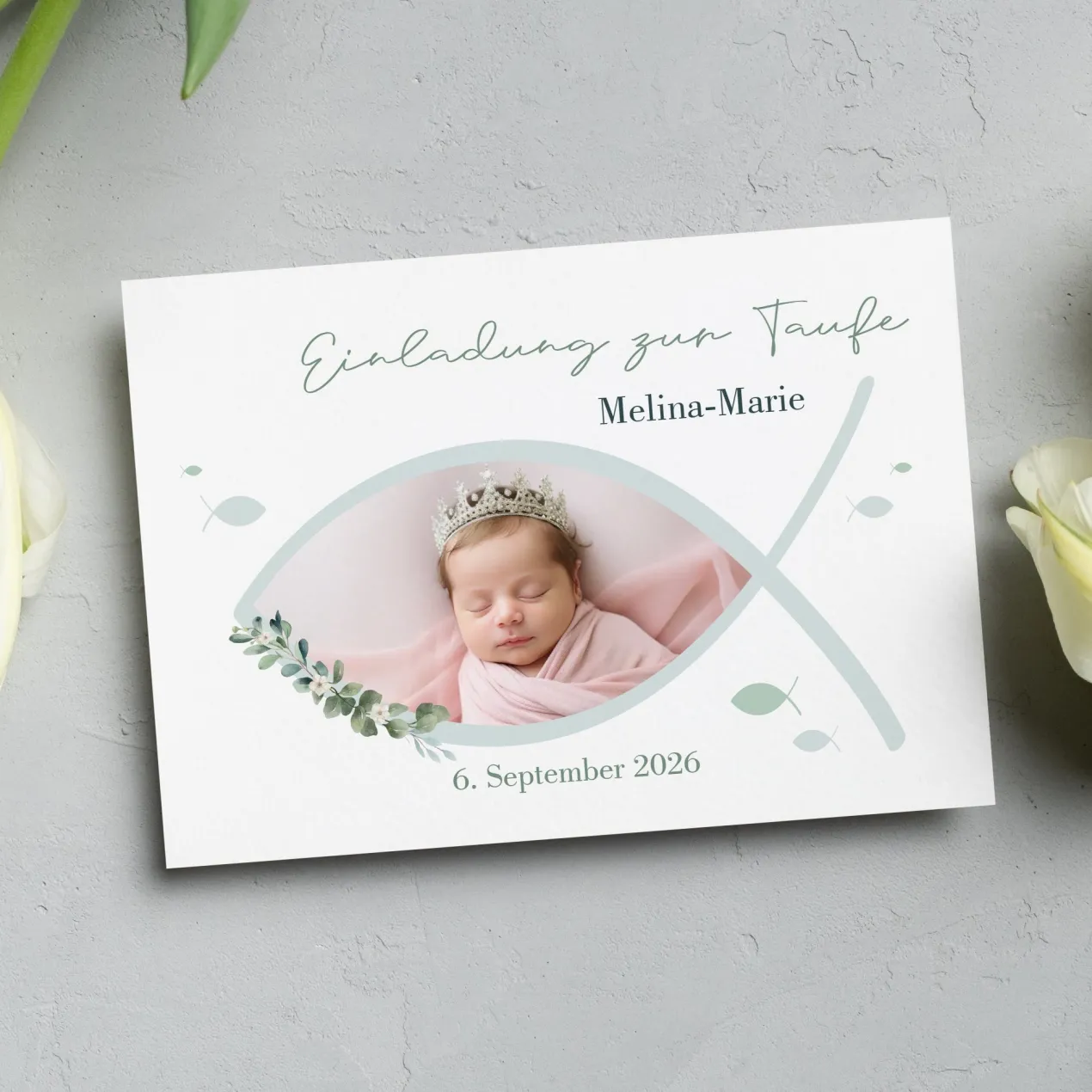 Personalisierte Einladungskarte zur Konfirmation, Kommunion, Taufe mit Foto | Ichthys & Zweig