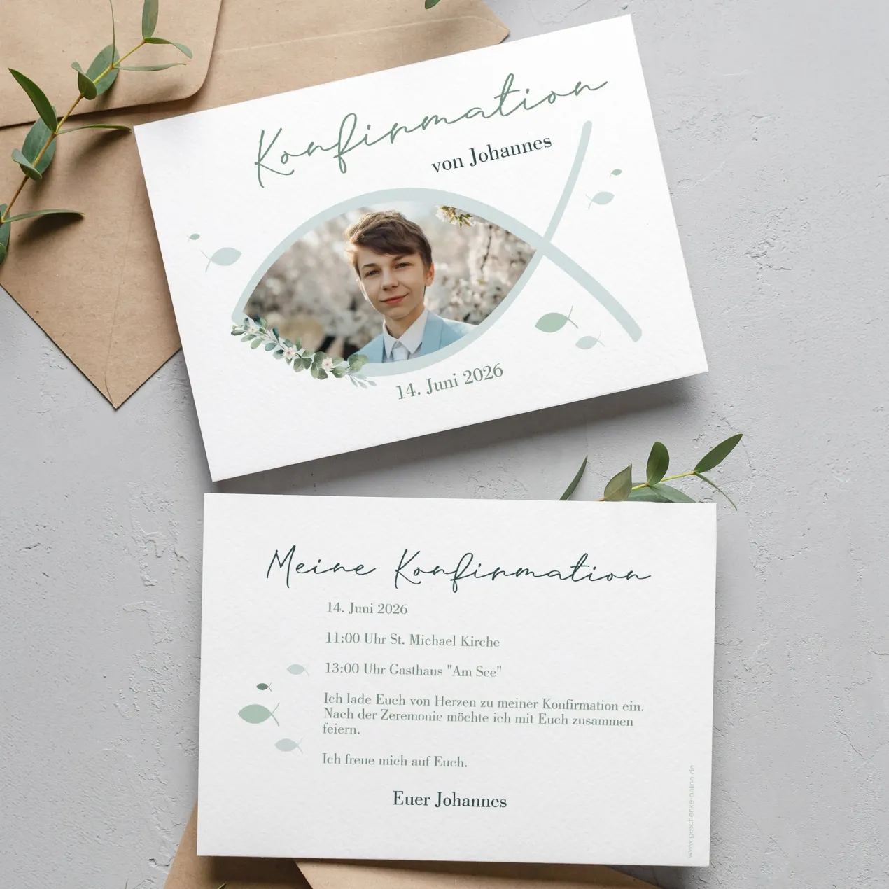 Personalisierte Einladungskarte zur Konfirmation, Kommunion, Taufe mit Foto | Ichthys & Zweig