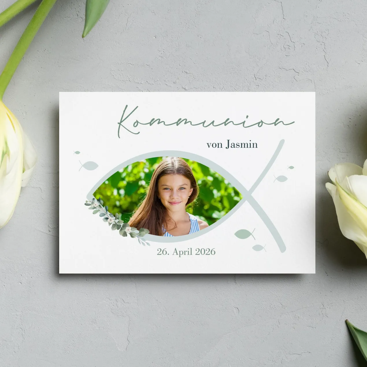 Personalisierte Einladungskarte zur Konfirmation, Kommunion, Taufe mit Foto | Ichthys & Zweig