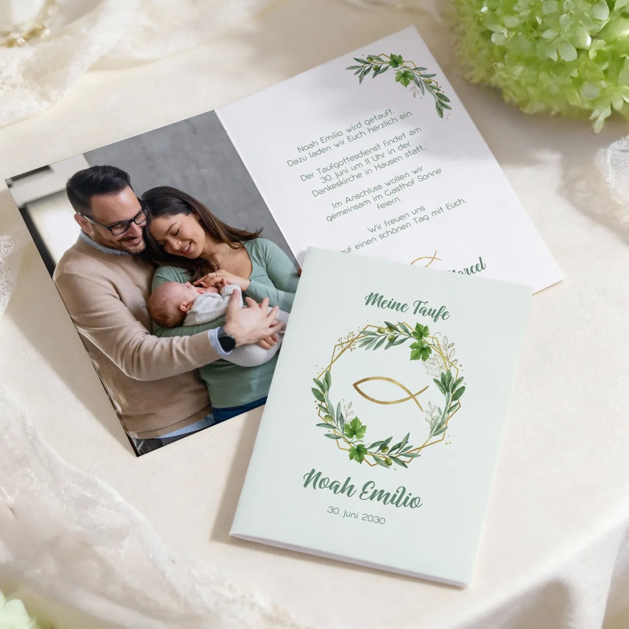 Personalisierte Einladungskarte mit Fotos & Ichthys | Klappkarte zur Taufe, Kommunion & Konfirmation