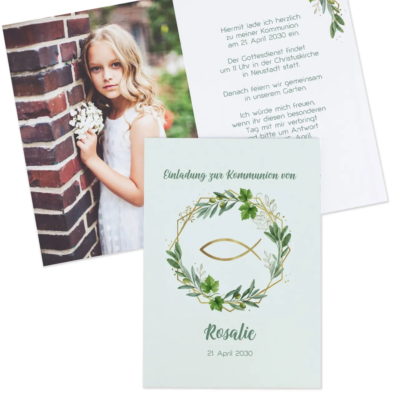 Personalisierte Einladungskarte mit Fotos & Ichthys | Klappkarte zur Taufe, Kommunion & Konfirmation