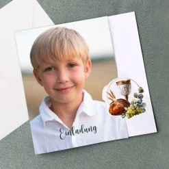 Personalisierte Einladungskarte mit Foto zur Taufe, Kommunion & Konfirmation | Kelch & Brot Motiv