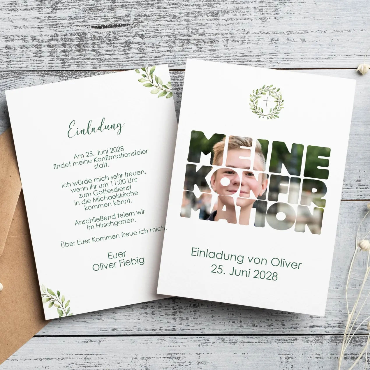 Personalisierte Einladungskarte zur Konfirmation mit Foto & Wunschdaten | Eukalyptus