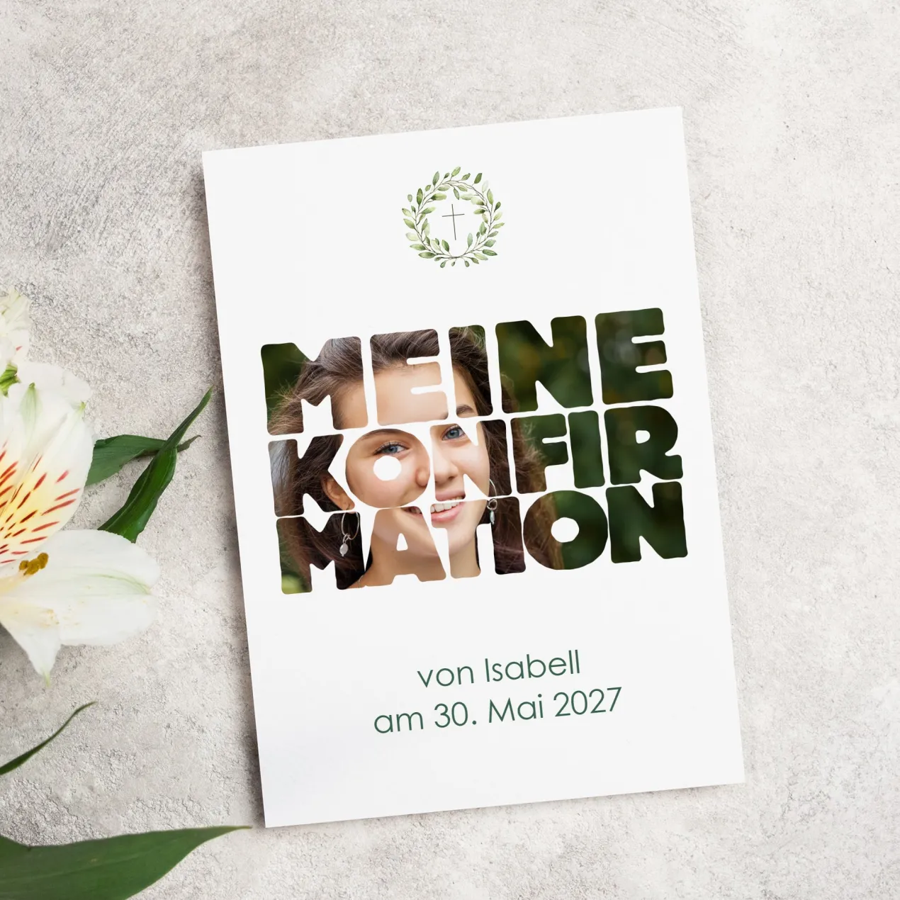 Personalisierte Einladungskarte zur Konfirmation mit Foto & Wunschdaten | Eukalyptus