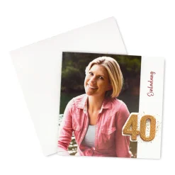 Personalisierte Einladungskarte zum 40. Geburtstag mit Foto & goldener Zahl | Klappkarte mit Umschlag