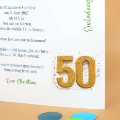 Personalisierte Einladungskarte zum 50. Geburtstag mit Foto & goldener Zahl | Klappkarte mit Umschlag