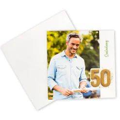 Personalisierte Einladungskarte zum 50. Geburtstag mit Foto & goldener Zahl | Klappkarte mit Umschlag