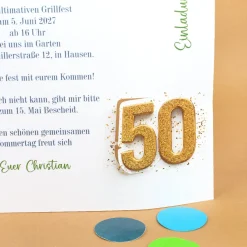 Personalisierte Einladungskarte zum 50. Geburtstag mit Foto & goldener Zahl | Klappkarte mit Umschlag