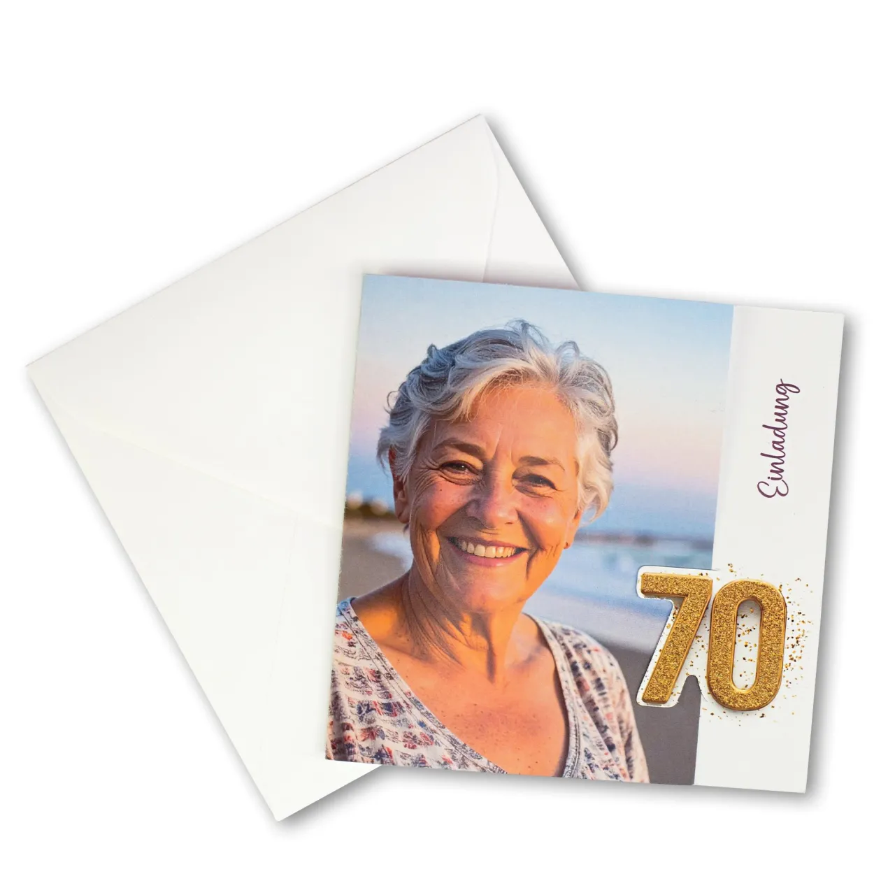 Personalisierte Einladungskarte zum 70. Geburtstag mit Foto & goldener Zahl | Klappkarte mit Umschlag