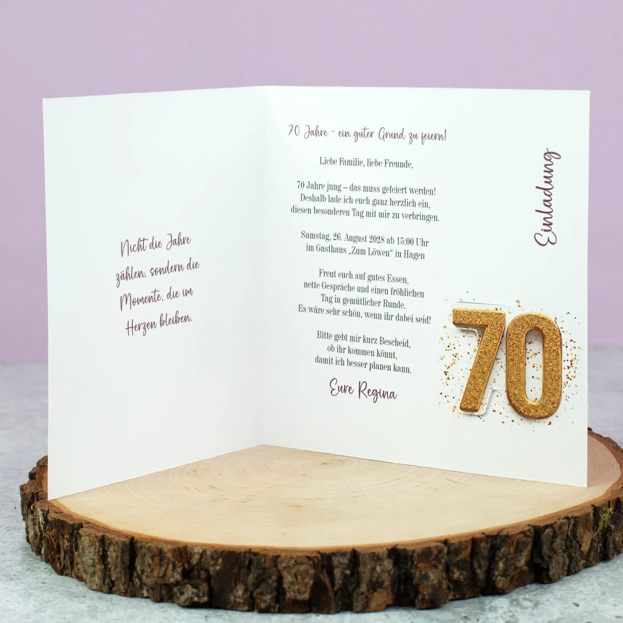 Personalisierte Einladungskarte zum 70. Geburtstag mit Foto & goldener Zahl | Klappkarte mit Umschlag