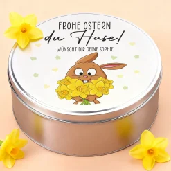 Personalisierte Gebäckdose zu Ostern aus Metall mit Wunschtext | Keksdose & Geschenkbox mit Hasenmotiv