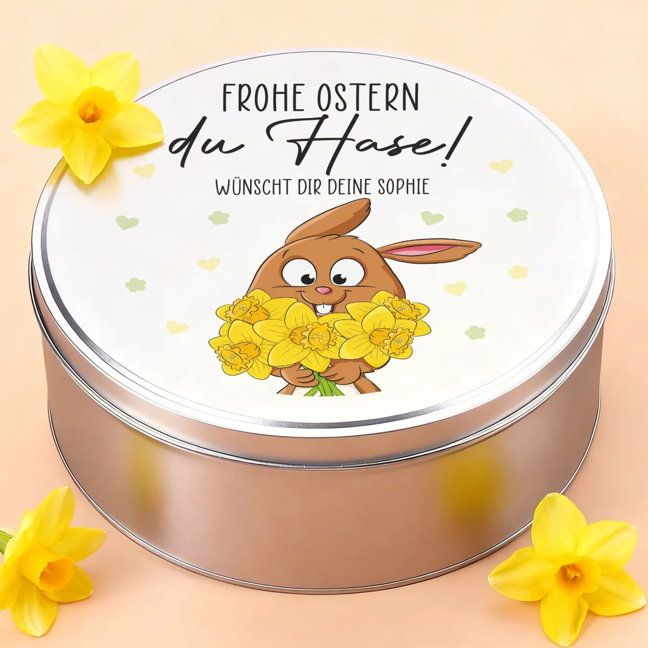 Personalisierte Gebäckdose zu Ostern aus Metall mit Wunschtext | Keksdose & Geschenkbox mit Hasenmotiv