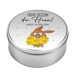 Personalisierte Gebäckdose zu Ostern aus Metall mit Wunschtext | Keksdose & Geschenkbox mit Hasenmotiv