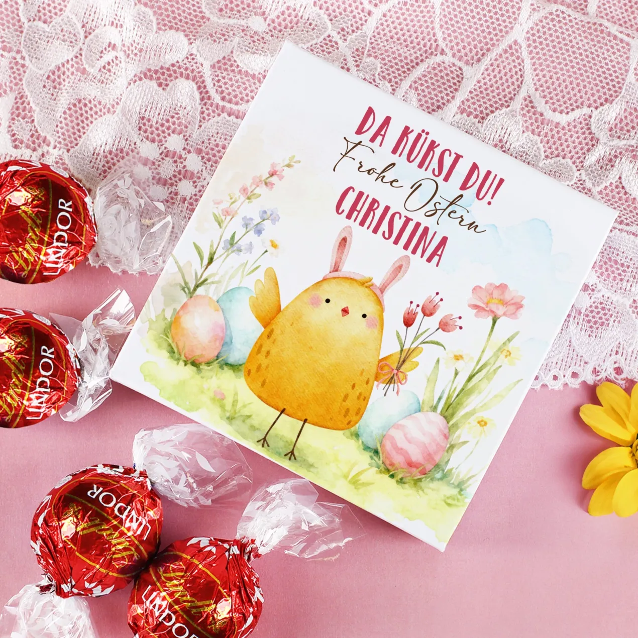 Personalisierte Geschenkbox mit 4 Lindor Kugeln zu Ostern | Ostergeschenk mit Küken Motiv