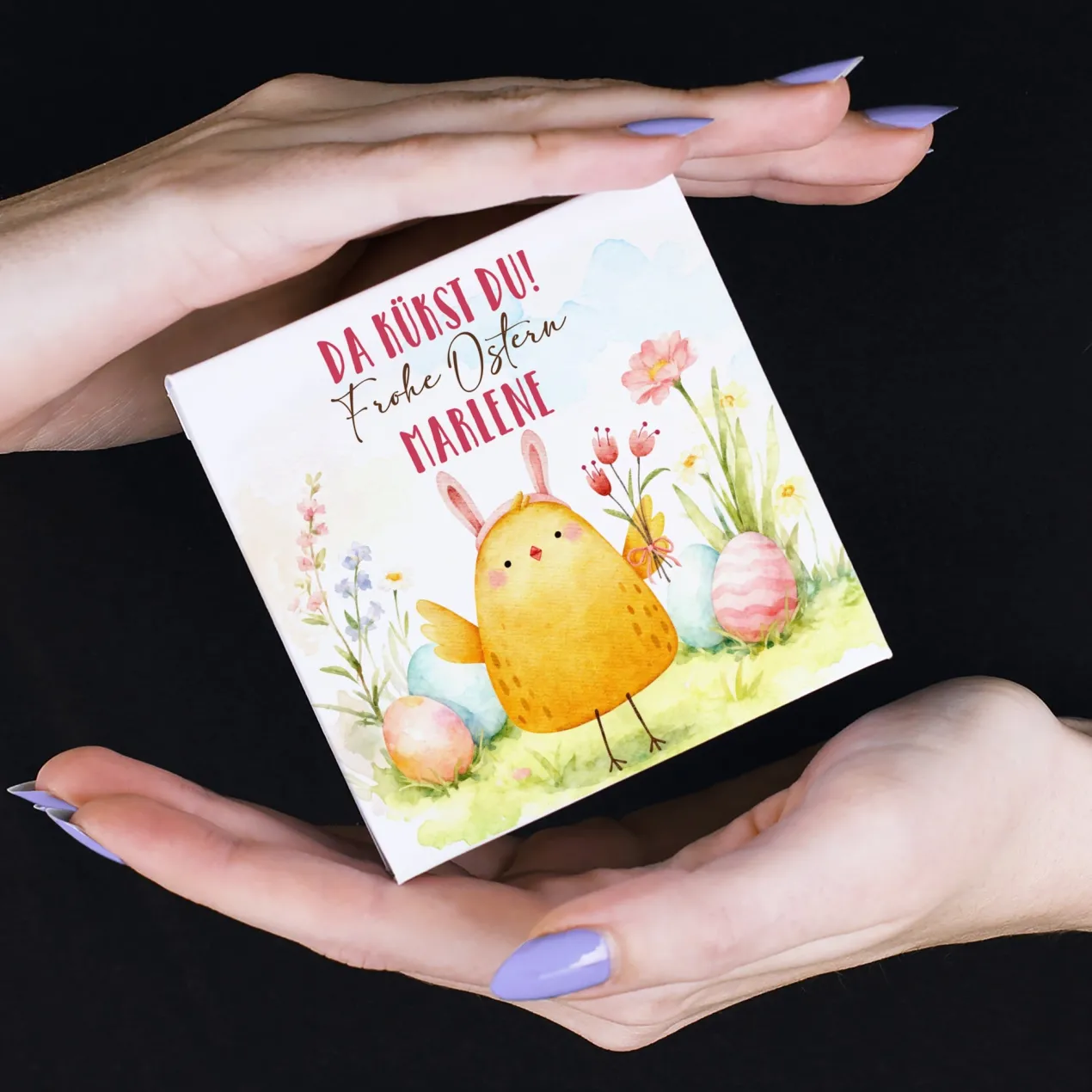 Personalisierte Geschenkbox mit 4 Lindor Kugeln zu Ostern | Ostergeschenk mit Küken Motiv