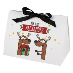Personalisierte Geschenktasche mit Rentiermotiv & Schleife | Edle Geschenkverpackung zu Weihnachten