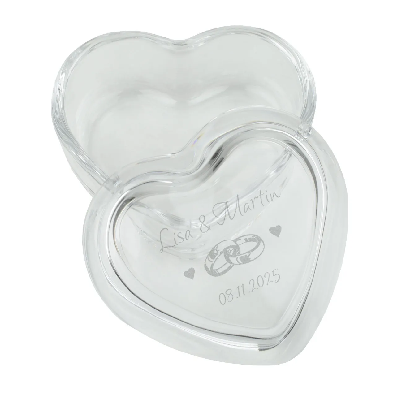 Personalisierte Glasdose in Herzform von Leonardo mit Ringmotiv, Namen, Datum | Geschenk zur Hochzeit