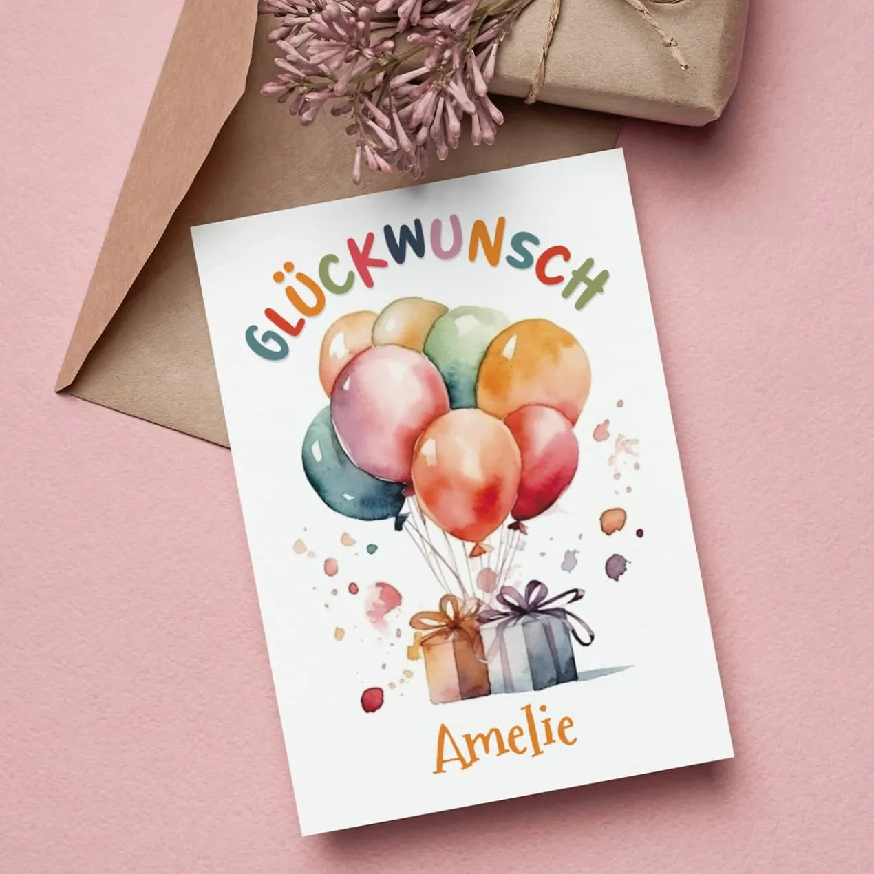 Personalisierte Glückwunschkarte mit Luftballons & Ihrem Text