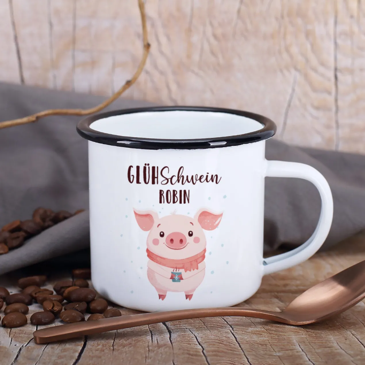Personalisierte 'Glühschwein' Emailletasse | Witzige Tasse zu Weihnachten für Glühwein & Winterzeit