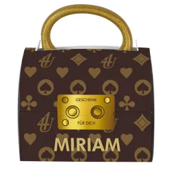 Personalisierte goldene Tasse mit Tassentasche im Designer-Look