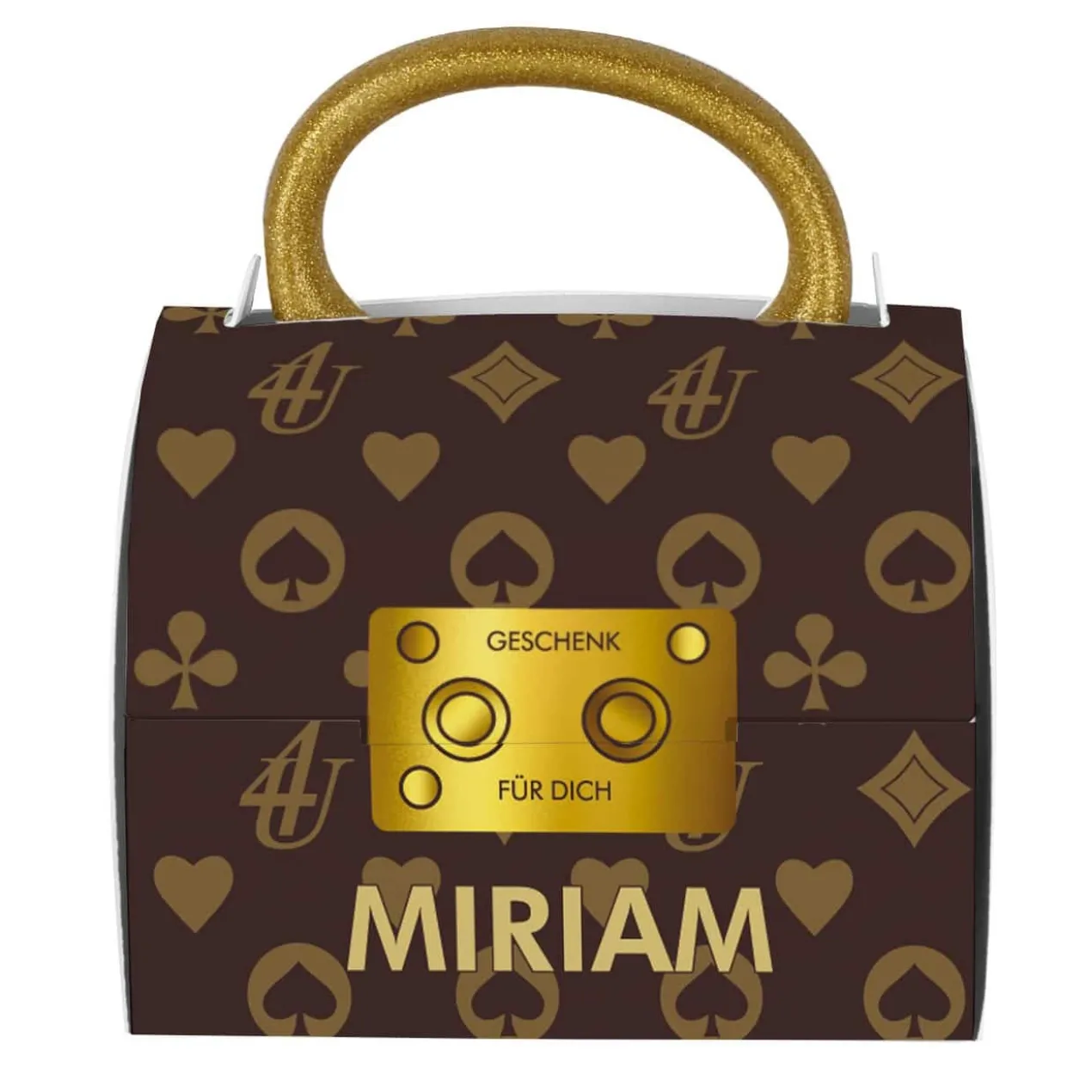 Personalisierte goldene Tasse mit Tassentasche im Designer-Look