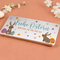 Personalisierte Gutscheinbox aus Metall zu Ostern mit Wunschtext | Geldgeschenk mit Osterhasen