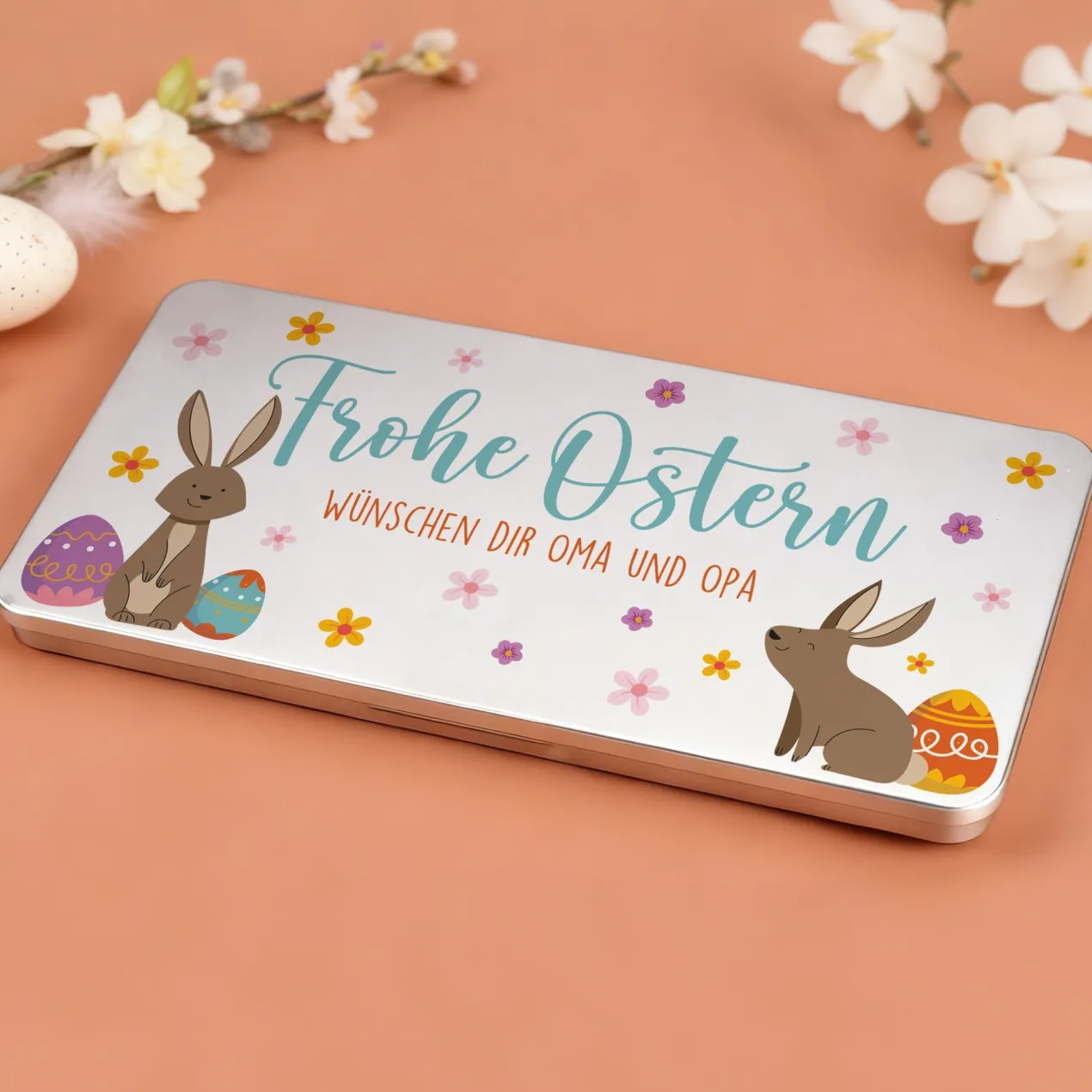 Personalisierte Gutscheinbox aus Metall zu Ostern mit Wunschtext | Geldgeschenk mit Osterhasen