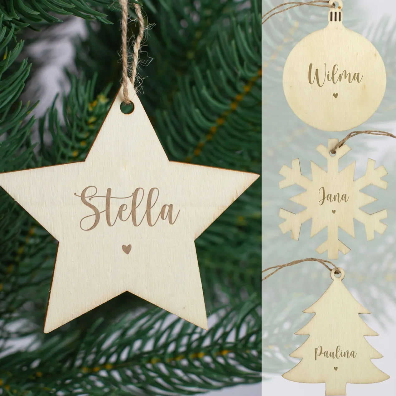 Personalisierte Holzanhänger mit Name & Herzmotiv – 4 Formen | Weihnachtsanhänger & Weihnachtsdeko