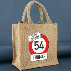 Personalisierte Jute-Geschenktasche mit Verkehrszeichen-Motiv zum Geburtstag