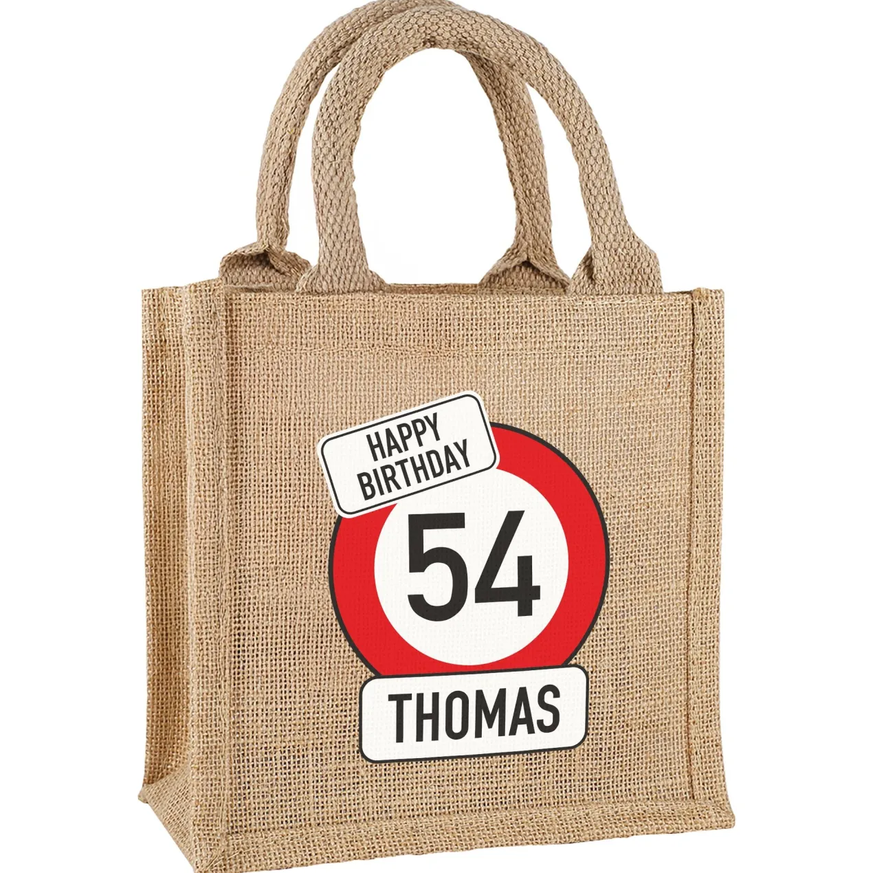 Personalisierte Jute-Geschenktasche mit Verkehrszeichen-Motiv zum Geburtstag