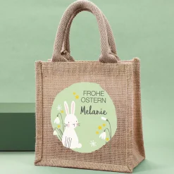 Personalisierte Jute-Ostertüte mit Namen | Osterhase und Blumen Motiv