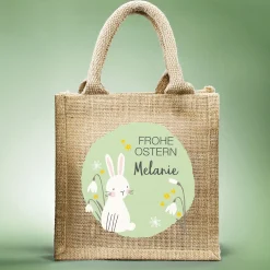 Personalisierte Jute-Ostertüte mit Namen | Osterhase und Blumen Motiv