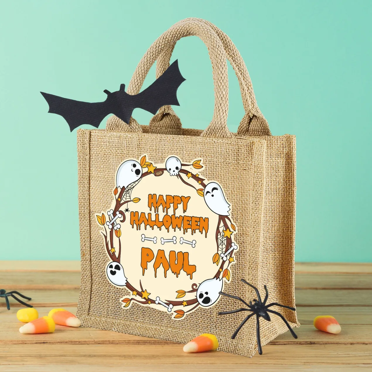 Personalisierte Jutetüte 'Happy Halloween' | Beutel für Süßigkeiten mit Name für Kinder