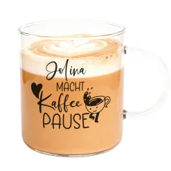 Personalisierte Kaffeetasse XL aus Leonardo-Glas mit Name & Spruch 'macht Kaffeepause' für Kolleginnen