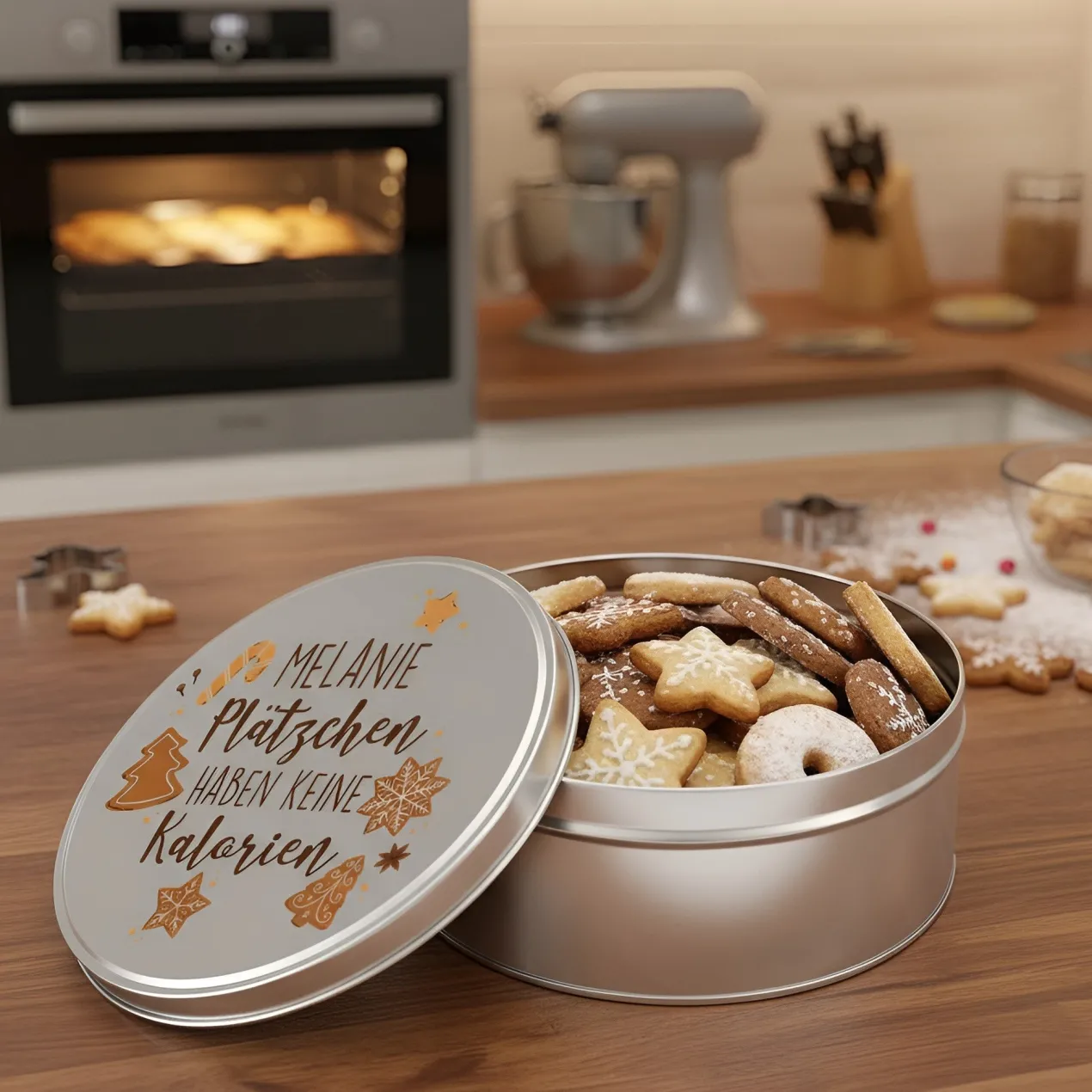 Personalisierte Keksdose mit Name und Motiv aus Metall | Geschenkverpackung für Weihnachtsgebäck