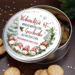 Personalisierte Keksdose mit Wunschtext und Wichtel-Motiv aus Metall für Weihnachtsgebäck