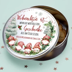Personalisierte Keksdose mit Wunschtext und Wichtel-Motiv aus Metall für Weihnachtsgebäck