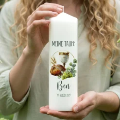 Personalisierte Kerze (L) mit Kelch & Brot zur Taufe, Kommunion & Konfirmation | Name & Datum 25cm