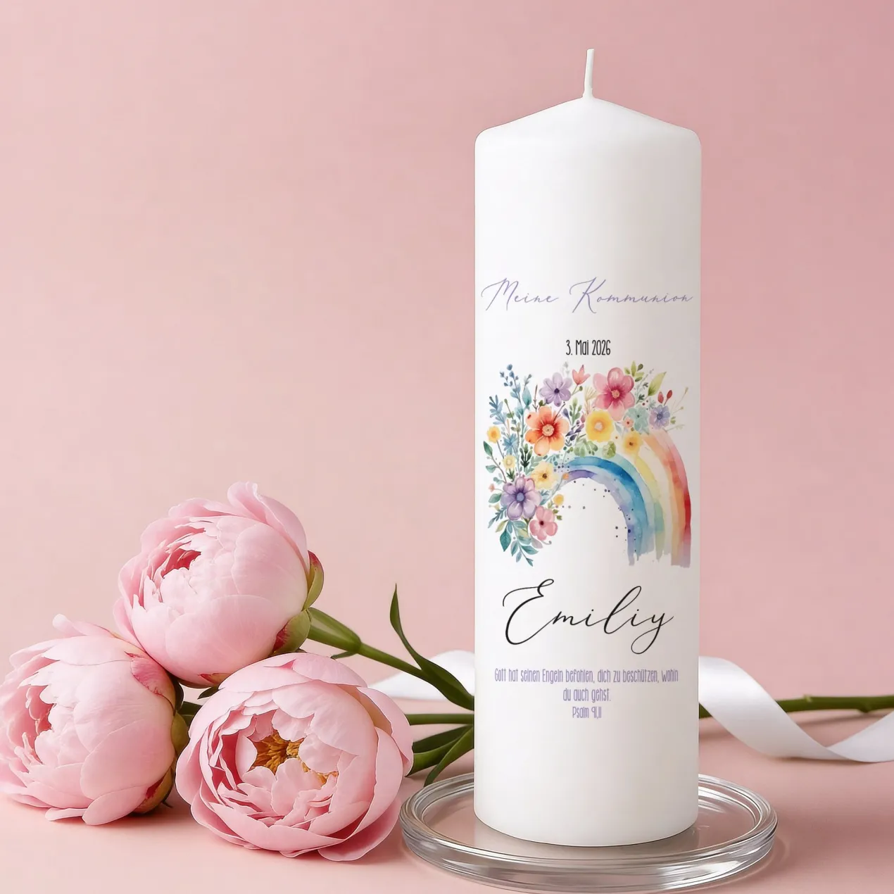 Personalisierte Kerze mit Regenbogen-Motiv | Kommunion, Konfirmation, Taufe, Jugendweihe