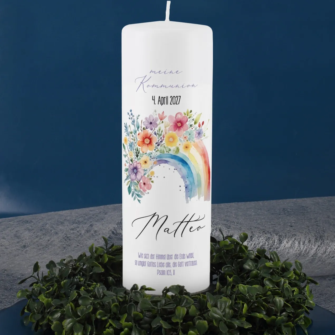 Personalisierte Kerze mit Regenbogen-Motiv | Kommunion, Konfirmation, Taufe, Jugendweihe