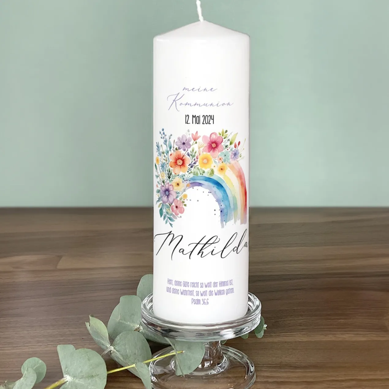 Personalisierte Kerze mit Regenbogen-Motiv | Kommunion, Konfirmation, Taufe, Jugendweihe