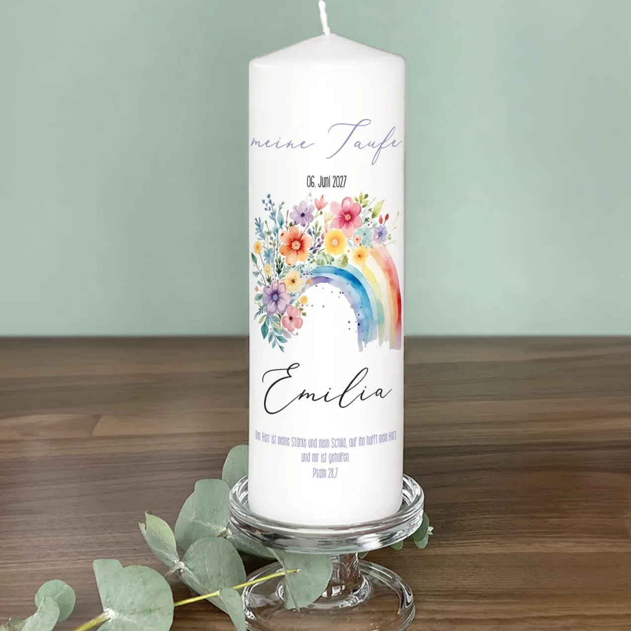 Personalisierte Kerze mit Regenbogen-Motiv | Kommunion, Konfirmation, Taufe, Jugendweihe