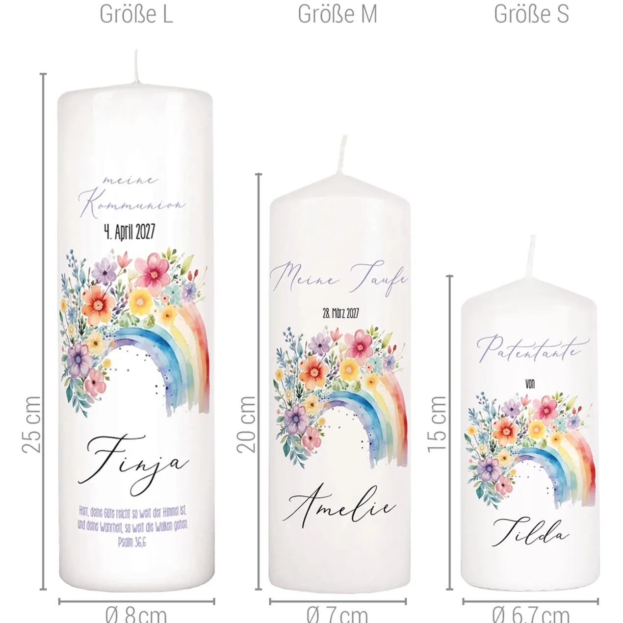 Personalisierte Kerze mit Regenbogen-Motiv | Kommunion, Konfirmation, Taufe, Jugendweihe