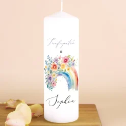 Personalisierte Kerze zur Konfirmation, Kommunion, Taufe, Jugendweihe | Blumen-Regenbogen Motiv